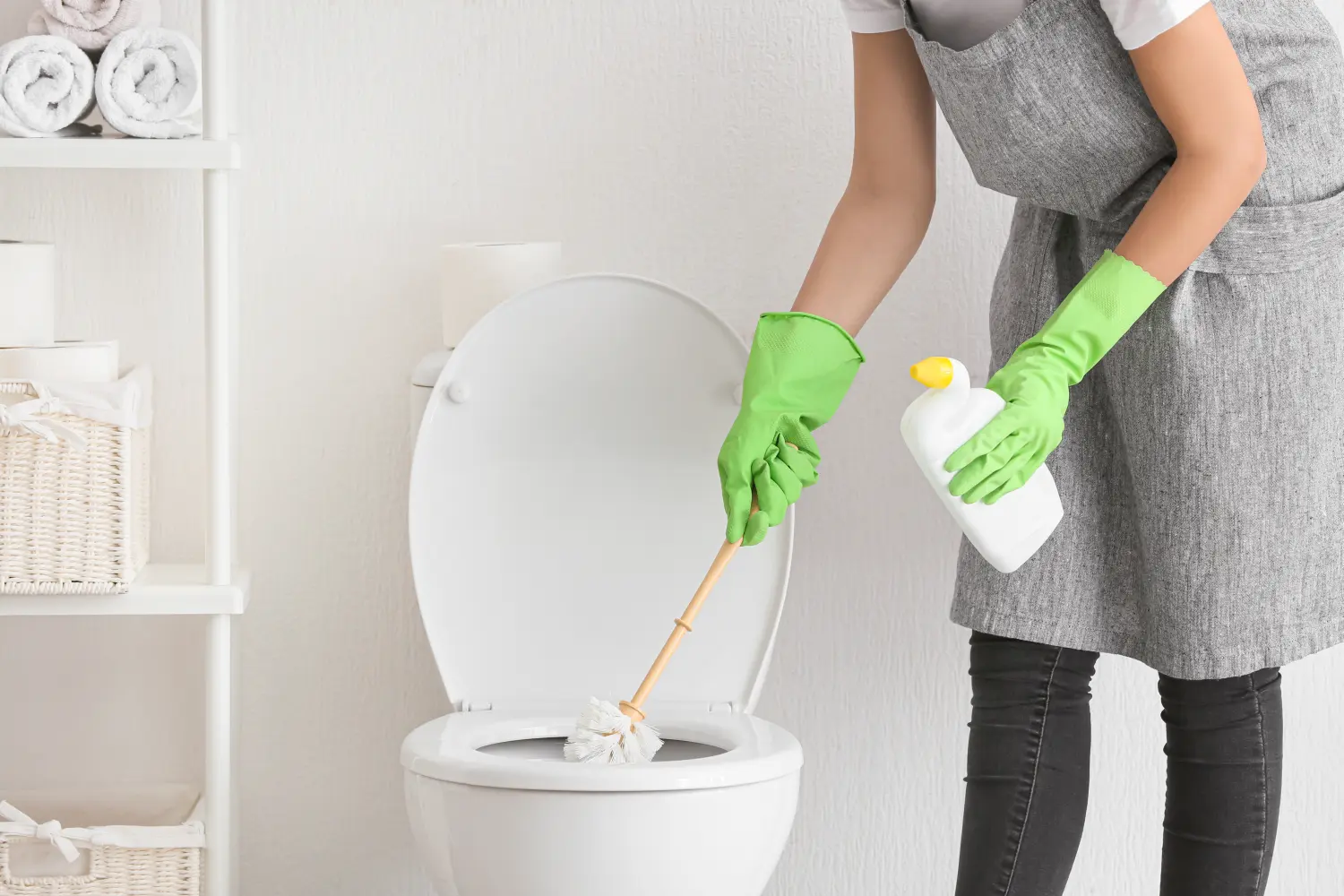 Junge Frau reinigt Toilette im Badezimmer
